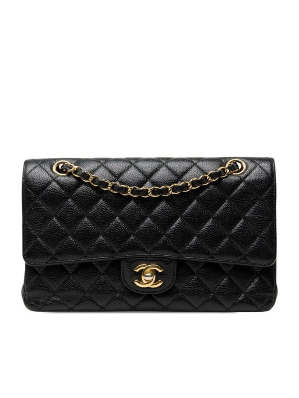 Chanel Quilted 25 CC Logo Double Flap Chain Shoulder Bag Black Gold Caviar